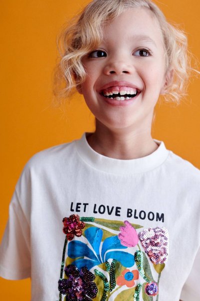 NOBLEKIDS Girl's Sequin Embroidered Floral Printed T-Shirt Ecru