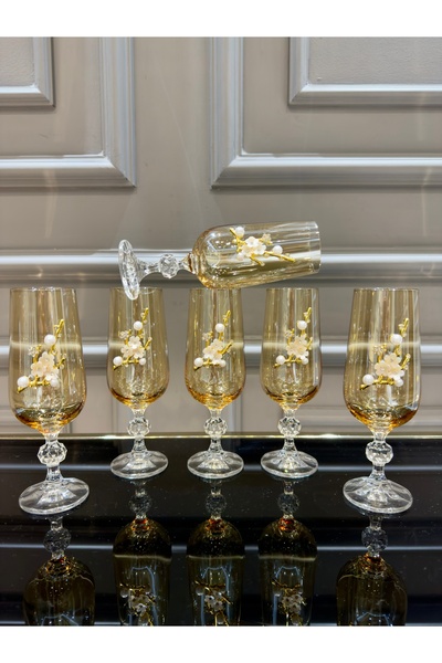 Vakıf home Bohemia Kristal İncili Gold Ayaklı Kahve Yanı Su Bardağı 180 ml
