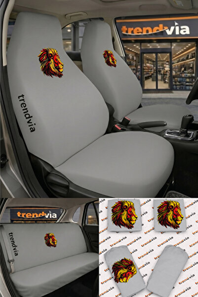 trivexa Lion Logo Car Seat Cover Front and Rear Set – Combed Cotton Lycra Uni...