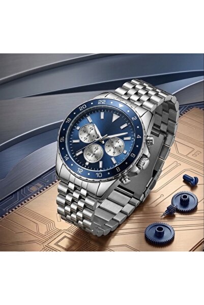 Famexbutik Men's Steel Band Navy Blue Dial Watch – Multifunctional, Sporty, a...