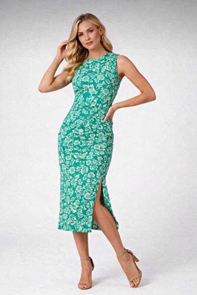 sportiness Αμάνικο φόρεμα με λεπτομέρεια σούρας, σκίσιμο και φλοράλ σχέδιο