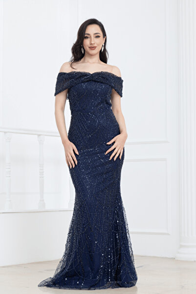 BEYBOS Μακρύ βραδινό φόρεμα με χάντρες και λαιμόκοψη καγιάκ - ΣΚΟΥΡΟ ΜΠΛΕ