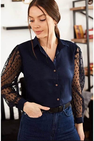 BS Elegance Puantiye Tül Kol Gömlek
