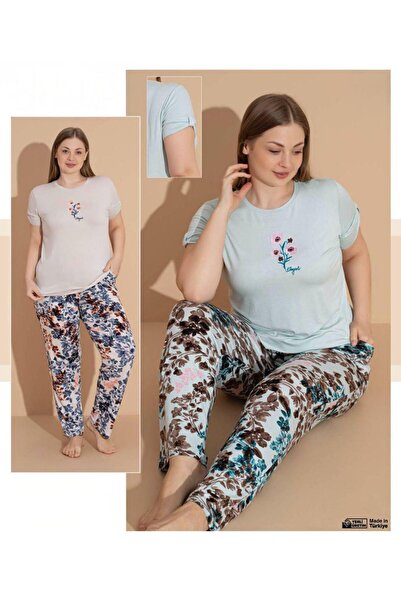 Kadın Büyük Beden Çiçek Nakışlı Pamuklu Pijama Takımı - Elegant Serisi