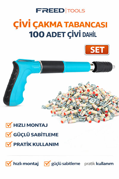 FREED TOOLS Beton Çivi Çakma Tabancası 100 Adet Çivili Güçlü Darbeli Montaj T...