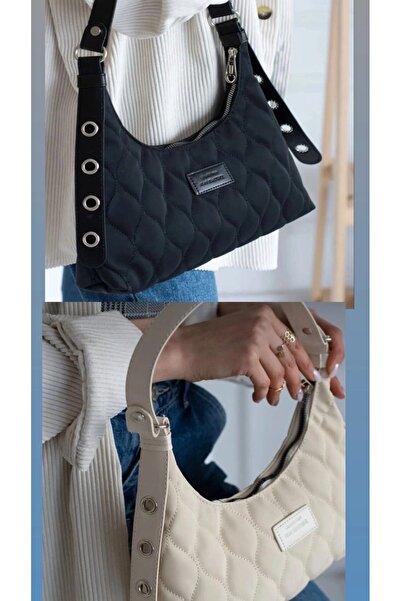 NorthAK Women's Black Quilted Patterned Baguette Hand and Shoulder Bag - Styl...
