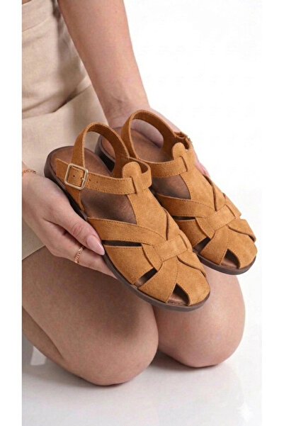 MAYA SHOES Kadın Sandalet Önü Kapalı Süet Tokalı Günlük Rahat Sandalet