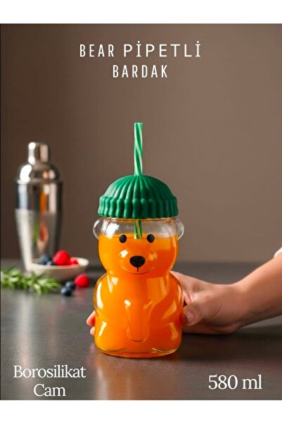 Herza House Bear Fenomen Barista Cam Bardak - Ayıcıklı Pipetli Matara Bardak