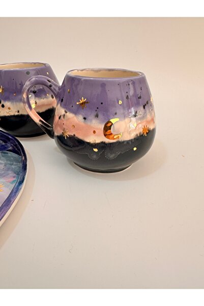 Terra Art Saf altın dekorlu gece temalı el yapımı kahve fincanı