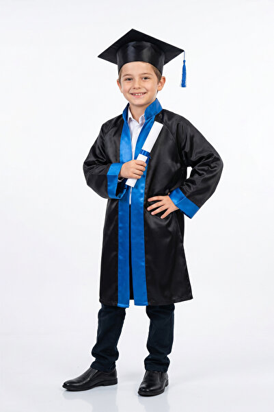 nacar çarşı Παιδικό Σετ Μαύρης Ρόμπας Αποφοίτησης με Μπλε Ρίγες και Καπέλο γι...