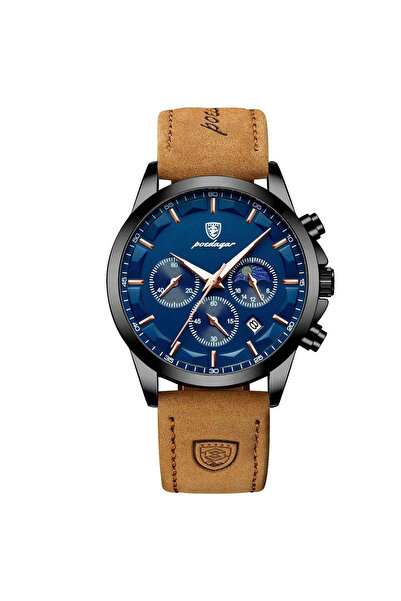 POEDAGAR 928 Ανδρικό Ρολόι Χρονογράφος Κουάρτζ, Δερμάτινο Λουράκι, Ένδειξη Φά...