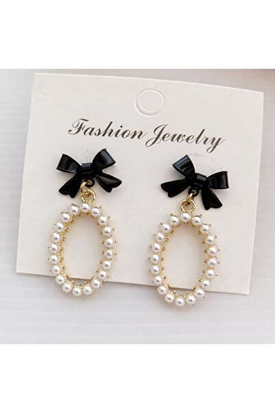 GlaMLo Accessories Κομψά σκουλαρίκια με μαύρο φιόγκο και μαργαριτάρια