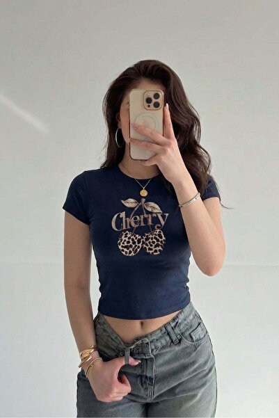 VACHT Women's Navy Blue Cherry Leopard Patterned Crew Neck Lycra Short Sleeve...