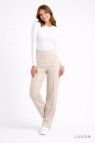 LUVON Beige High Waist Women's Palazzo Trousers with Pockets