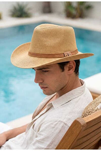 LAGRANZE Κλασικό Ανδρικό Καουμπόικο Καπέλο από Ψάθα με Δερμάτινη Λωρίδα σε Τα...