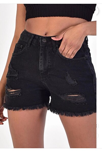 komera Γυναικεία μαύρα σορτς με φούντες και σκισίματα