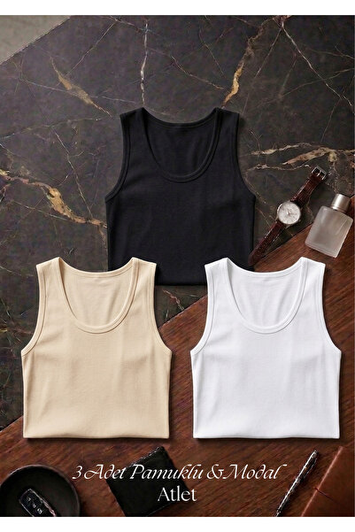 QKK Ανδρικό Μαύρο & Λευκό & Καφέ Βαμβακερό Αθλητικό Φανελάκι - Αθλητικό Φανελ...