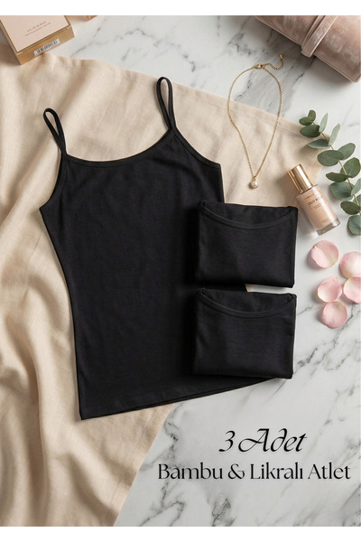 QKK Γυναικείο σετ 3 τεμαχίων μαύρο μπαμπού λύκρα με λεπτές τιράντες - Ελαστικ...