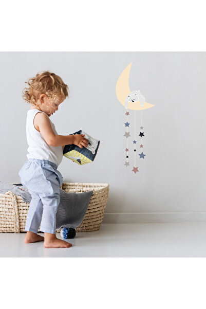 PETIT-ATELlER Bear on Moon and Stars Pastel Wall Sticker Set Kids Nursery Bed...