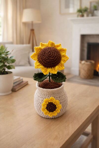 atölye +1 El Örgüsü Amigurumi Ayçiçeği Saksı Dekoratif Örme Çiçek – Masa Üstü...