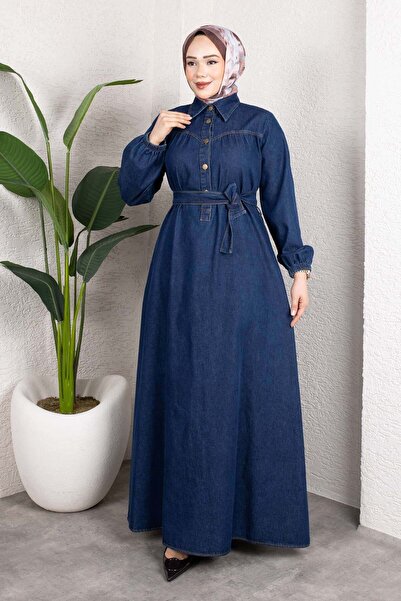 MİSSKAYLE Τζιν Φόρεμα με Κουμπιά και Ζώνη – Μακρύ Τζιν Φόρεμα Σκούρο Μπλε