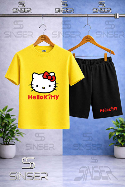 SS SİNSER Παιδικό μπλουζάκι HELLO KITTY με στάμπα και κόκκινη γραφή - Σετ σορτς