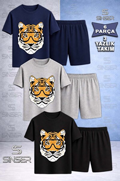 SS SİNSER Children's Tiger Head with Glasses Printed Crew Neck 3-Piece T-Shir...