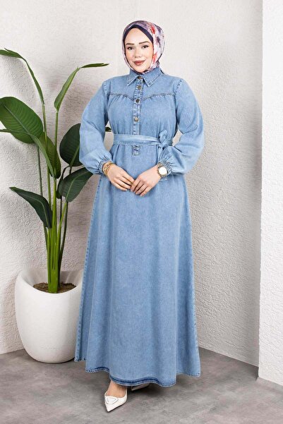 MİSSKAYLE Τζιν Φόρεμα με Κουμπιά και Ζώνη – Μακρύ Τζιν Φόρεμα Χιτζάμπ Ανοιχτό...