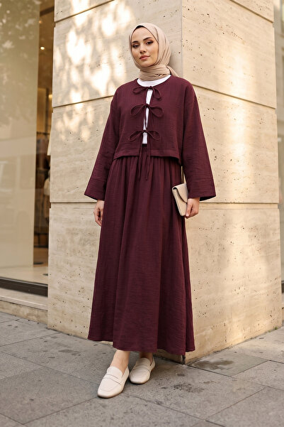 MODAQU Linen Lace-Up Skirt Blouse Top and Bottom Set - Burgundy