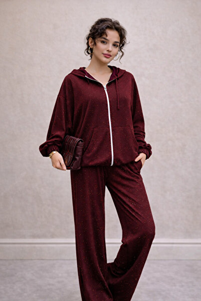 PELİNORA Women's Burgundy Tracksuit Set with Hooded Zipper, Loose and Stylish...