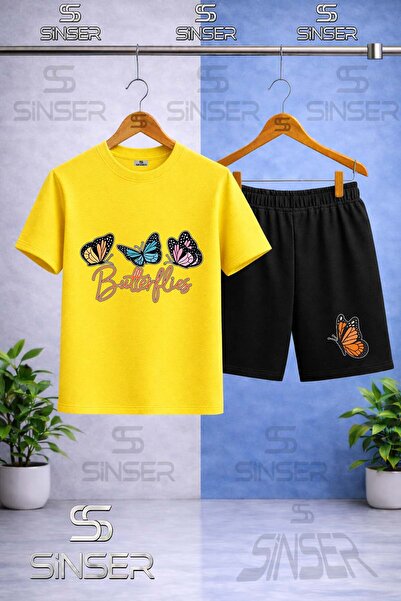 SS SİNSER Children's Buttrfly 3Lu Yazi Ustunde Printed Crew Neck T-Shirt - Sh...