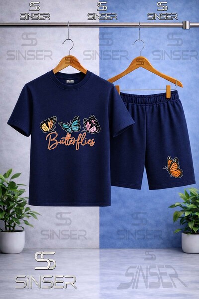 SS SİNSER Children's Buttrfly 3Lu Yazi Ustunde Printed Crew Neck T-Shirt - Sh...