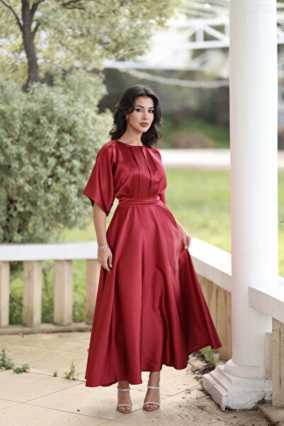 KADNER KADIN BORDO KLOŞ MİDİ BOY LARA ABİYE ELBİSE