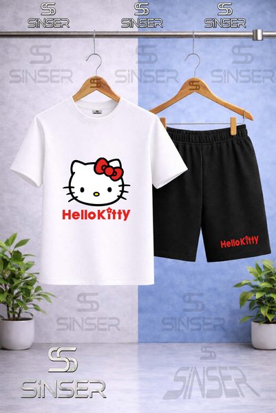 SS SİNSER تي شيرت للأطفال مطبوع عليه HELLO KITTY RED WRITING برقبة دائرية - ط...