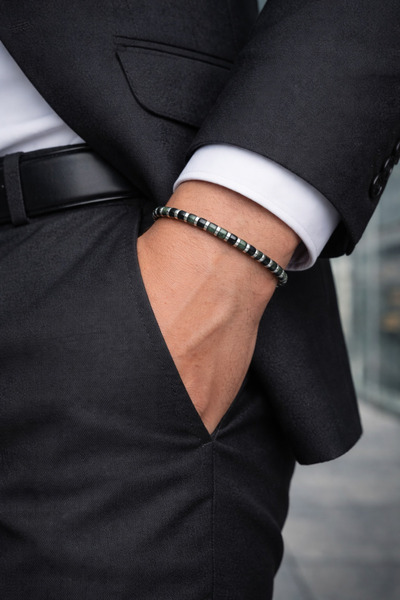 nss sky rock Cylinder Cut Natural Stone Bracelet Minimal Elegance with 4mm Th...