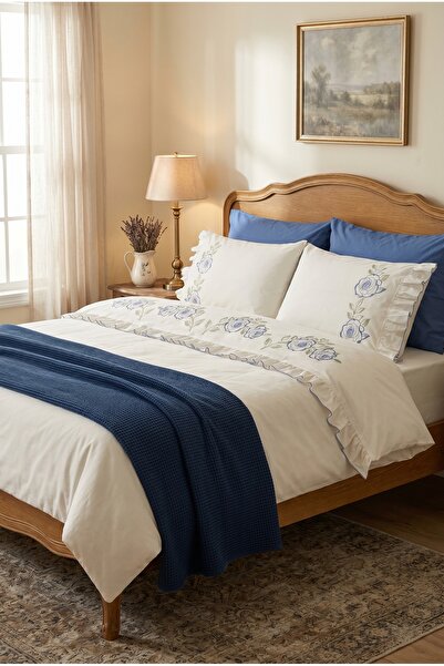 İK TEKSTİL Rosalin 100% Cotton Embroidered Blue Rose Detailed and Ruffled 7 P...