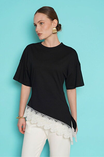 Caddebostan Moda Women's Asymmetrical Cut Crew Neck T-Shirt with Lace Detail ...