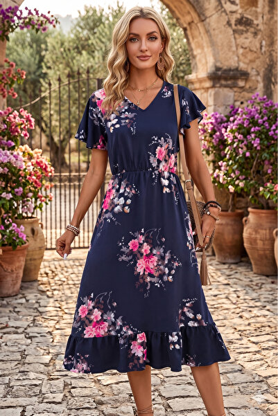 Modayakamoz Νέα συλλογή Γυναικείο κοντομάνικο φόρεμα με λαιμόκοψη V και σχέδι...