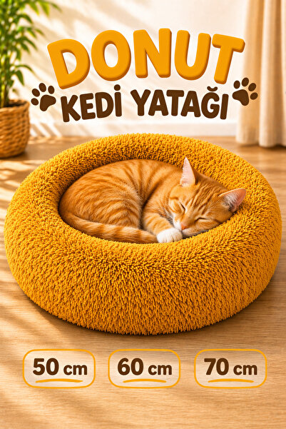 argehome Donut Kedi Yatağı Peluş Kedi Minderi Yuvarlak Yumuşak Kedi Köpek Yat...