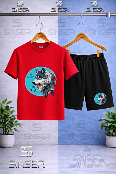 SS SİNSER Children's Wolf Gray Turquoise Canvas Printed Crew Neck T-Shirt - S...