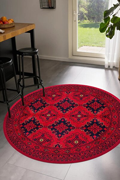 Serteks Bordo Klexor Afgan Desen Yuvarlak Dokuma Taban Salon Oturma Odası Ant...