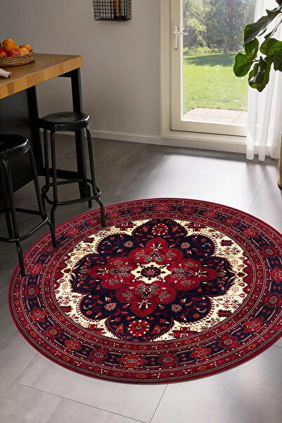 Serteks Bordo Welfora Afgan Desen Yuvarlak Dokuma Taban Salon Oturma Odası An...