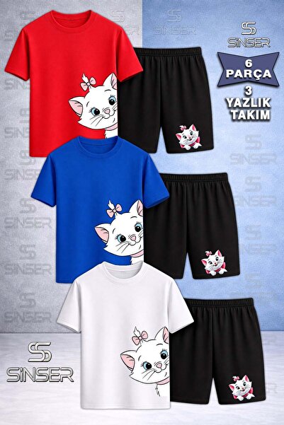 SS SİNSER Детски комплект от 3 части: тениска с кръгло деколте и щампа котешк...