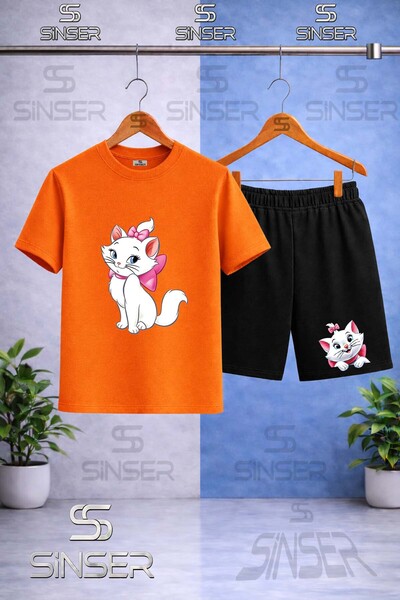 SS SİNSER Children's Cat with Ribbon Side Printed Crew Neck T-Shirt - Shorts Set