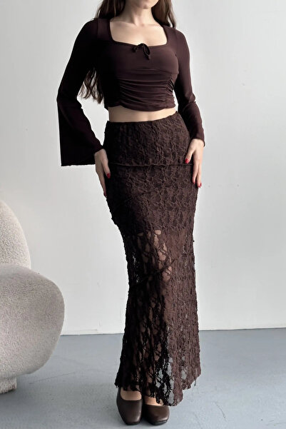 URİS Γυναικεία Καφέ Δαντελένια Λεπτομερής Ψηλόμεση Φούστα με Φόδρα, Μακριά Κα...