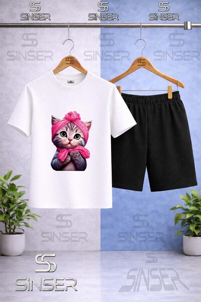 SS SİNSER Children's Seker Cat Half Printed Crew Neck T-Shirt - Shorts Set