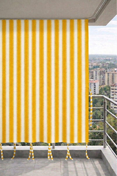 DEVRİM OLİVYA TEKSTİL Κίτρινο-λευκό πανί μπαλκονιού με κορνίζα και κορδόνια, ...