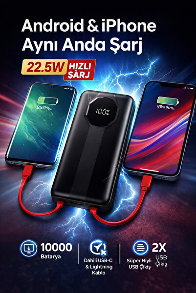 HİBOTEKNO 22.5W Hızlı Şarj Powerbank 3A Dahili Kablolu LCD Göstergeli Taşınab...