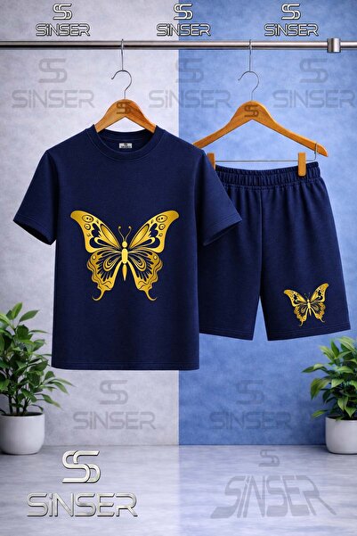 SS SİNSER Children's Buttrfly Gold Color Printed Crew Neck T-Shirt - Shorts Set