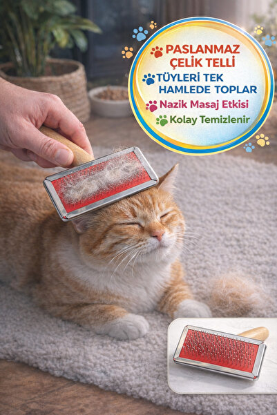 TOYFEST Ahşap Saplı Kedi Köpek Tarağı Paslanmaz Çelik Tüy Toplama Fırçası Kol...